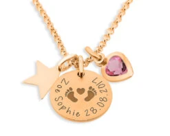 GESCHENK FÜR MAMA BABYFÜßE KETTE ROSÉ VERGOLDET HERZ ANHÄNGER