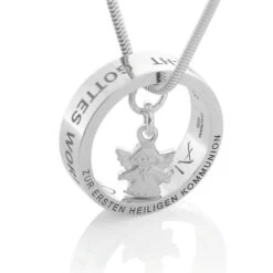 KETTE ZUR KOMMUNION ENGEL RING 925 SILBER RINGKETTE MIT GRAVUR GESCHENK PATENKIND